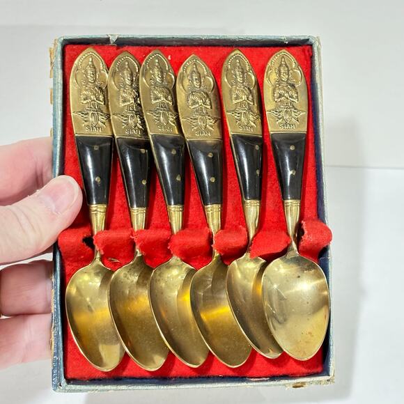 Thailand brass & teak spoons set cocktail espresso tea demitasse boxed set of 6 - Picture 9 of 9